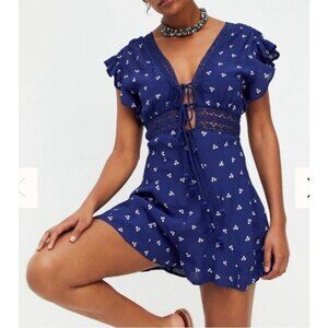 Free People Womens XS Morning Sun Blue Crochet Romper Tie Front V Neck